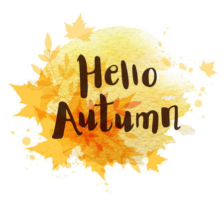 Abstract autumn background with orange falling maple leaves. "Hello autumn" lettering and yellow watercolor blots.のイラスト素材
