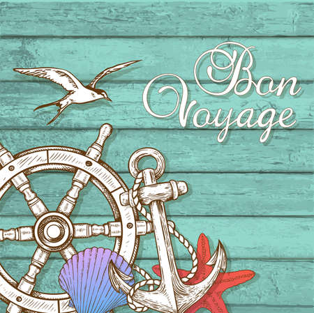 Vintage vector travel background with hand wheel and anchor on a green wooden surface. Bon voyage lettering.のイラスト素材