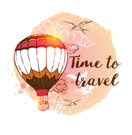 Travel background with air balloon and cloud. Time to travel lettering. Hand drawn vector illustration.のイラスト素材