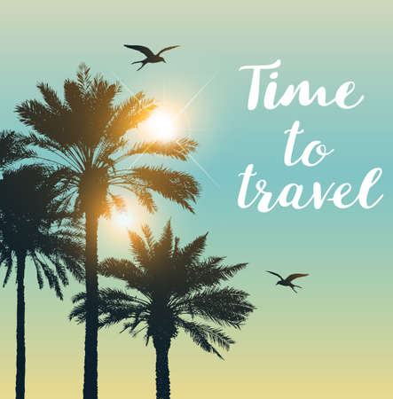 Travel background with silhouettes of palms and sun.のイラスト素材
