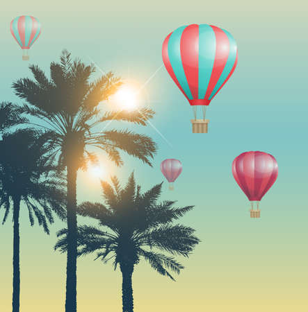 Travel background with red air balloons and palmsのイラスト素材