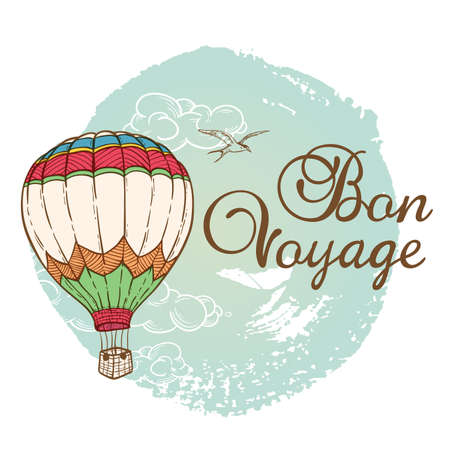 Travel background with air balloon and cloud. Hand drawn vector illustration.のイラスト素材