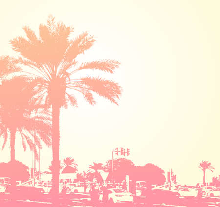 Retro background with buildings and palms in Dubai city, United Arab Emirates. Travel concept.のイラスト素材