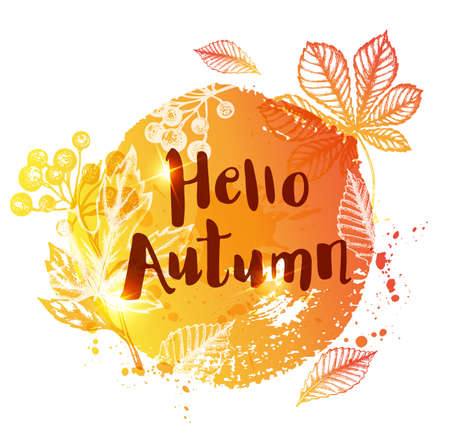 Abstract orange autumn background with falling leaves. Hello autumn lettering.のイラスト素材