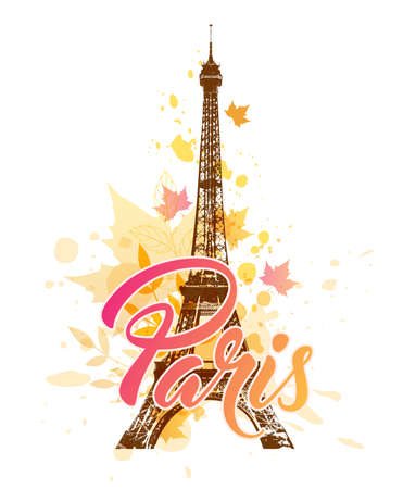 Eiffel tower and falling autumn maple leavesのイラスト素材