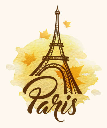 Eiffel tower and yellow watercolor textureのイラスト素材