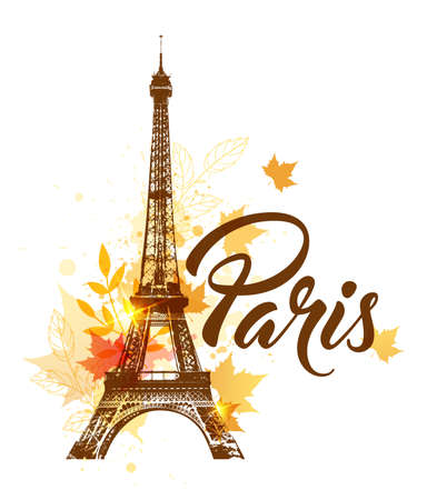 Eiffel tower and autumn maple leavesのイラスト素材