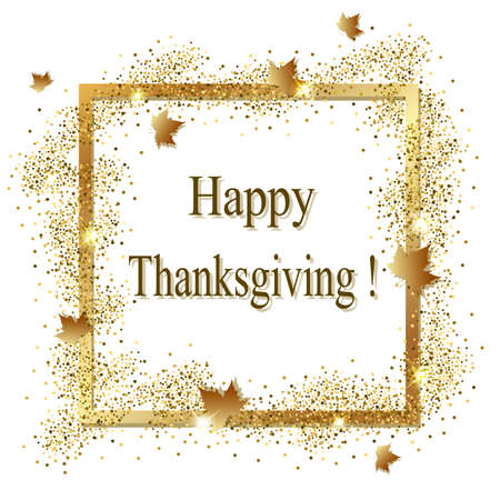 Vector greeting card for Thanksgiving day. Golden frame with falling maple leaves.のイラスト素材
