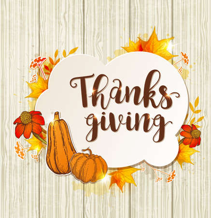 Greeting card for Thanksgiving Day with orange pumpkins, flowers and maple leaves on a wooden background.のイラスト素材