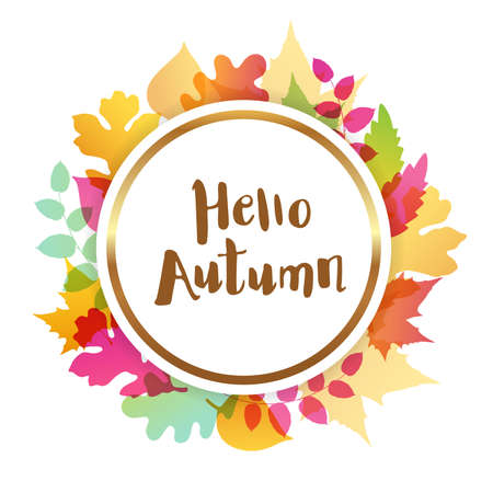 Bright abstract autumn banner with falling leaves. Hello autumn lettering.のイラスト素材