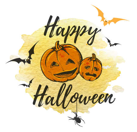 Halloween greeting card with orange pumpkins and yellow watercolor texture. Vector illustration.のイラスト素材