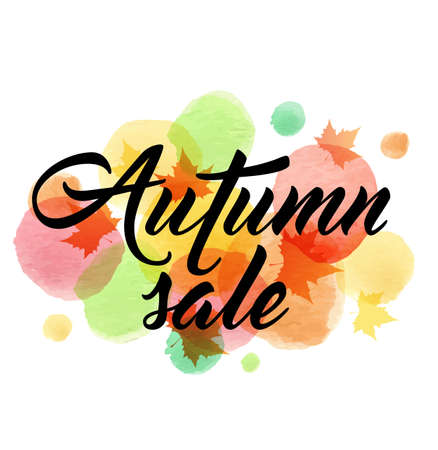 Abstract vector banner for seasonal autumn sale with maple leaves and watercolor blots.のイラスト素材