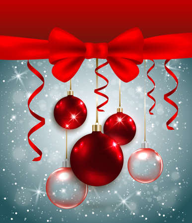 Vector Christmas background with red bow and decorations.  New year greeting card.のイラスト素材