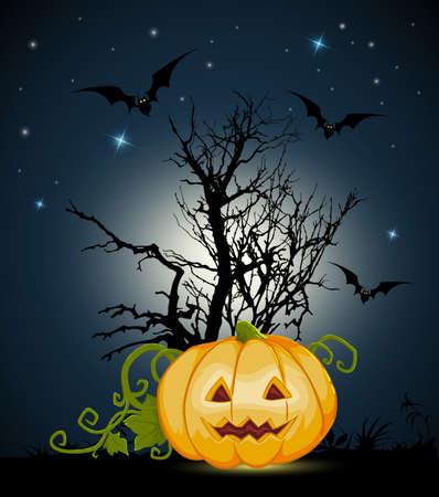 Orange Halloween pumpkin and silhouette of tree on a black background. Halloween greeting card.のイラスト素材