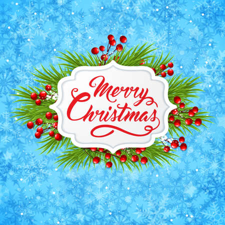 Vector Christmas banner with green fir branch and greeting inscription on a blue background. Merry Christmas letteringのイラスト素材