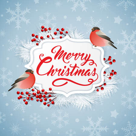 Vector Christmas banner with two bullfinches and greeting inscription. Merry Christmas letteringのイラスト素材