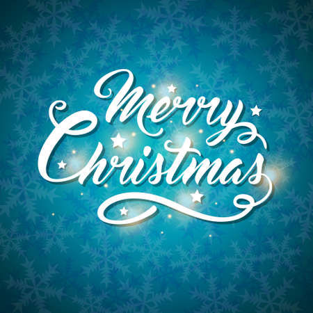 Vector Christmas card with snowflakes and greeting inscription on a blue background. Merry Christmas letteringのイラスト素材