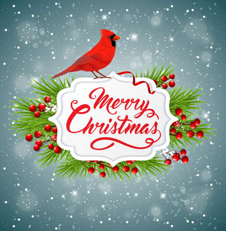 Vector Christmas banner with red cardinal bird, fir branch and greeting inscription. Merry Christmas letteringのイラスト素材