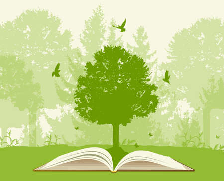 Open book with green tree and birds. Ecology concept.のイラスト素材