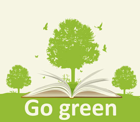 Landscape with open book, green tree and birds. Ecology concept.のイラスト素材