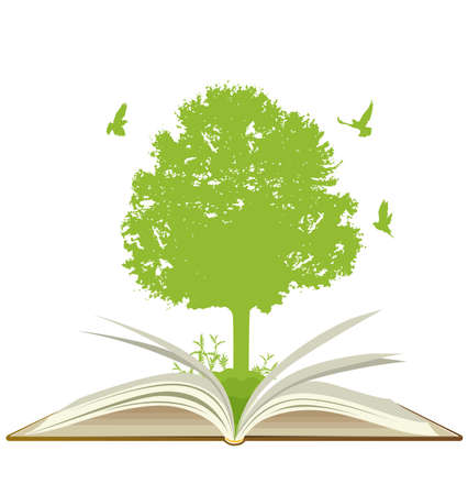 Open book with green tree and birds on a white background. Ecology concept.のイラスト素材