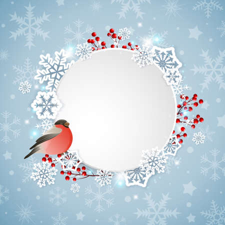 Vector Christmas banner with bullfinch and white snowflakesのイラスト素材