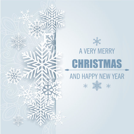 Decorative vector Christmas background with white paper snowflakes. Merry Christmas lettering.のイラスト素材