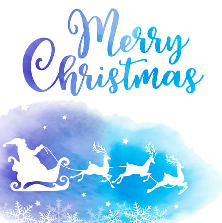 Vector holiday background with Santa Claus and greeting inscription. Christmas card with blue watercolor texture.のイラスト素材