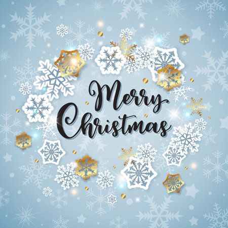 Vector Christmas banner with white and golden paper snowflakes on a blue background. Merry Christmas lettering.のイラスト素材