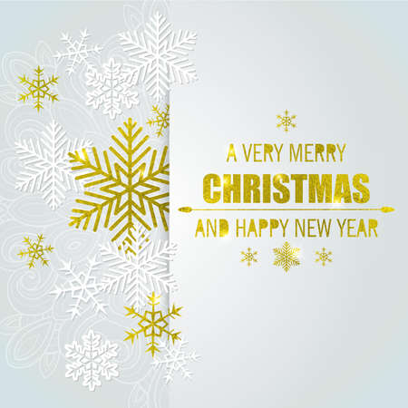 Decorative vector Christmas background with white and golden snowflakes. Merry Christmas lettering.のイラスト素材