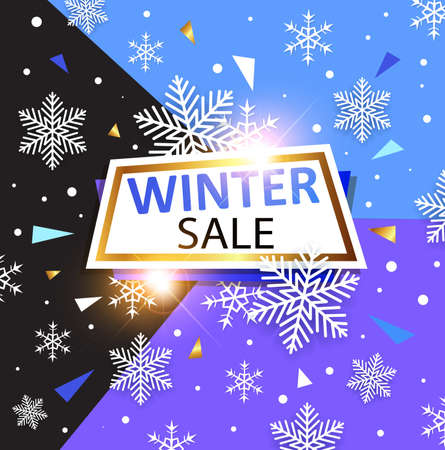 Design for seasonal Christmas sale. White snowflakes and banner on abstract geometrical background.のイラスト素材