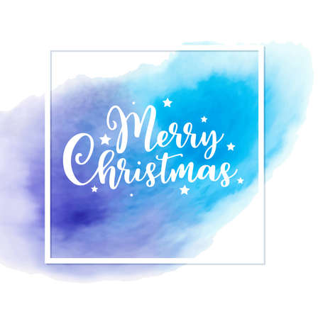 Abstract vector holiday background with greeting inscription. Christmas card with blue watercolor texture.のイラスト素材