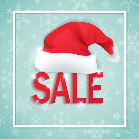 Vector background for seasonal Christmas sale. Snowflakes and hat of Santa Claus on a green background.のイラスト素材