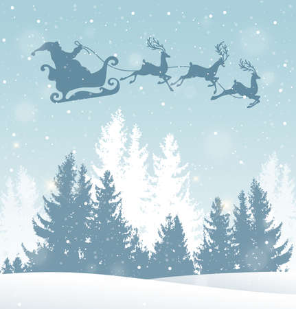 Christmas vector background with Santa Claus and winter snowy landscape. New Year greeting cardのイラスト素材