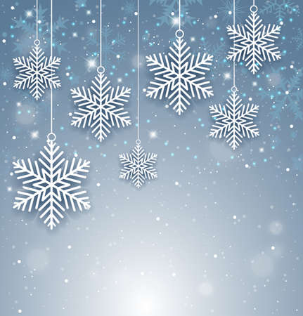 Decorative Christmas background with white paper snowflakes. New year greeting card. Vector illustration.のイラスト素材
