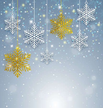 Decorative Christmas background with white and golden glittering snowflakes. New year greeting card. Vector illustration.のイラスト素材
