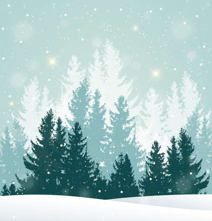 Christmas vector background with winter snowy landscape. New Year greeting card with fir tree.のイラスト素材