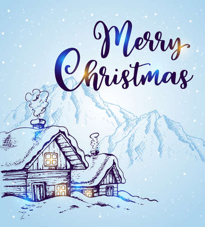 Winter landscape with houses and mountains in the snow on a blue background. Hand drawn Christmas greeting card. Merry Christmas letteringのイラスト素材