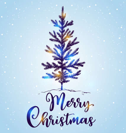 Hand drawn Christmas tree in the snow on a blue background. Merry Christmas lettering. Design for greeting card.のイラスト素材