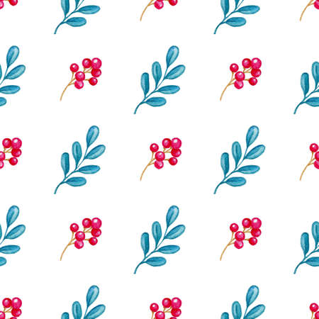Hand drawn watercolor floral seamless pattern with branch and red berry on a white backgroundの写真素材