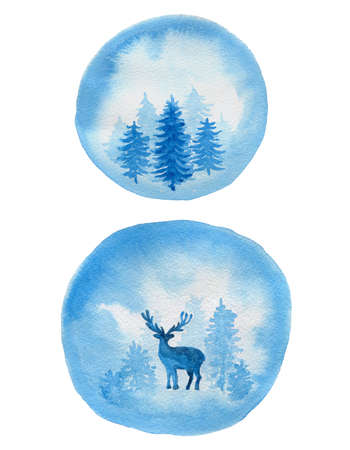 Decorative blue watercolor Christmas backgrounds with firs and deerの写真素材