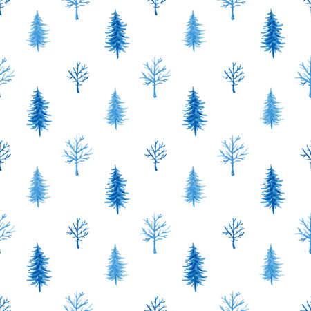 Decorative hand drawn watercolor seamless pattern with blue trees on a white backgroundの写真素材