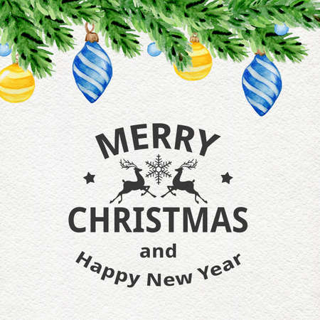 Hand drawn watercolor greeting Christmas card with green fir branch and decorations.の写真素材