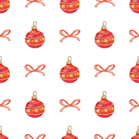 Decorative hand drawn watercolor Christmas seamless pattern with red decorations on a white backgroundの写真素材