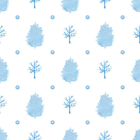 Decorative hand drawn watercolor seamless pattern with blue trees on a white backgroundの写真素材