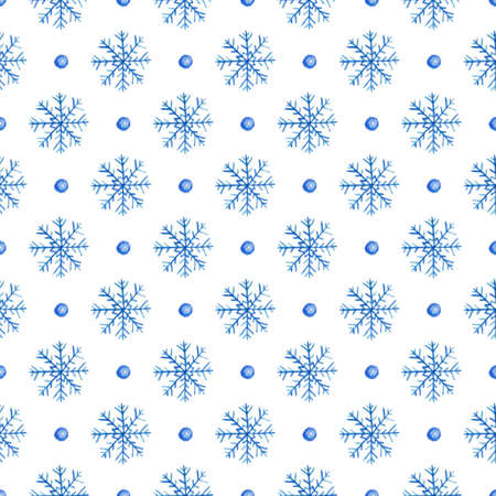 Decorative hand drawn watercolor seamless pattern with blue snowflakes on a white backgroundの写真素材