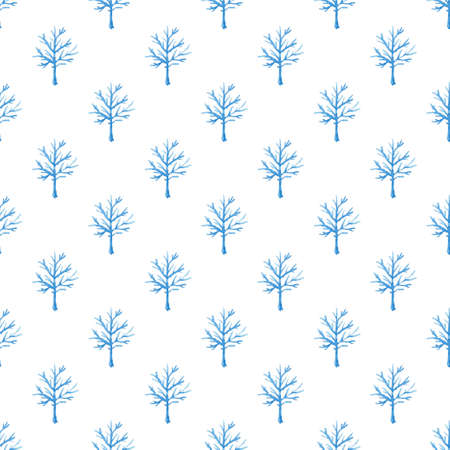 Decorative hand drawn watercolor seamless pattern with blue trees on a white backgroundの写真素材