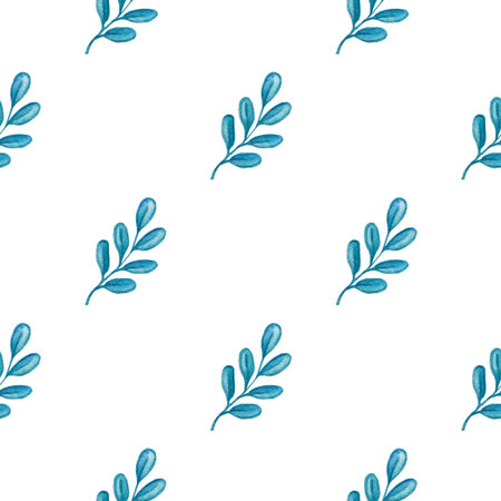 Hand drawn watercolor floral seamless pattern with blue branch on a white background