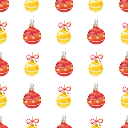 Decorative hand drawn watercolor Christmas seamless pattern with red and yellow decorations on a white backgroundの写真素材