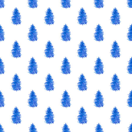 Decorative hand drawn watercolor seamless pattern with blue fir trees on a white backgroundの写真素材